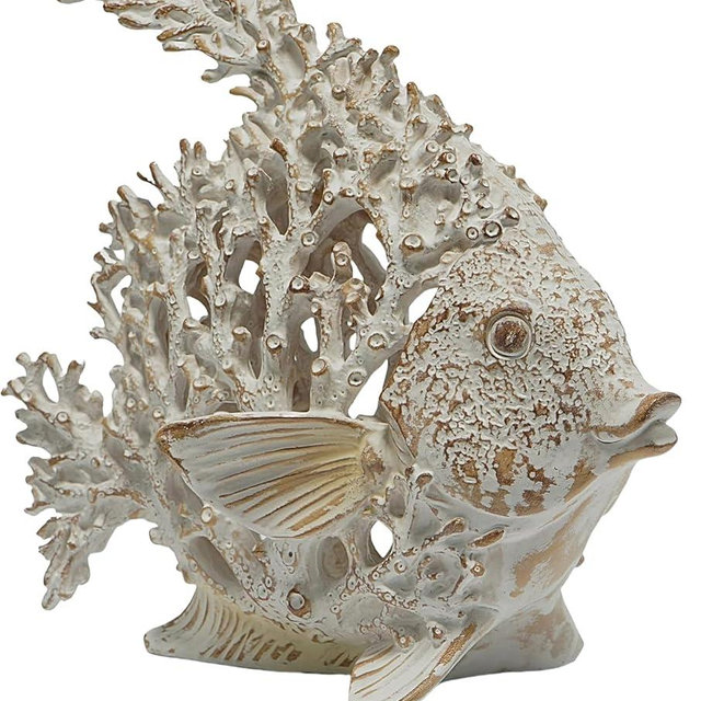 VVGIFTS Beach Coastal Decor Coral Reef Angelfish Home Office Desk Decor Sculpture Statue for Tabletop Shelf Bathroom Decoration Ornament Gift (White)