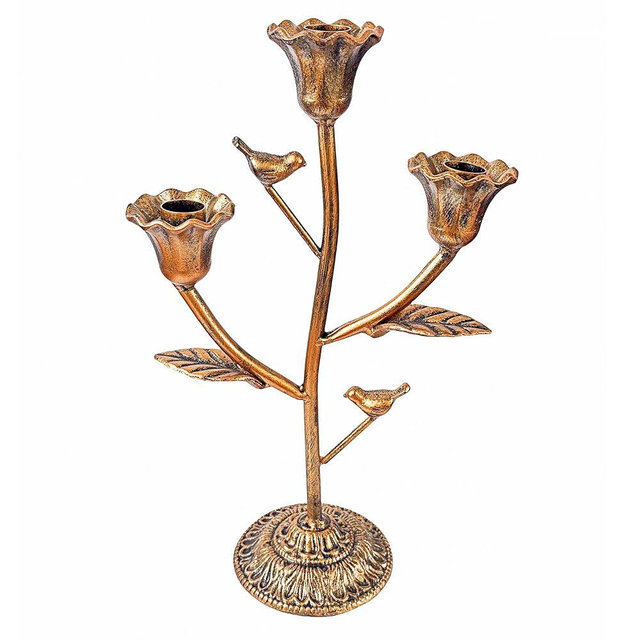 Candle Holder Vintage Candlestick Holder Stand for Stick Taper Candle, 3-Arm Cast Iron Candelabra for Wedding Centerpiece Table Decorations Fireplace Mantel Decor, Antique Gold