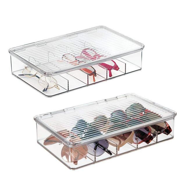 mDesign Plastic Rectangular Stackable Eye Glass Storage Organizer Holder Box for Sunglasses, Reading Glasses, Fashion Eye Wear, Accessories - 5 Sections, Hinged Lid - 2 Pack - Clear