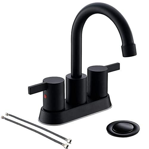 4 Inch 2 Handle Centerset Matte Black Lead-Free Bathroom Faucet, with Copper Pop Up Drain and Two Water Supply Lines, BF015-1-MB