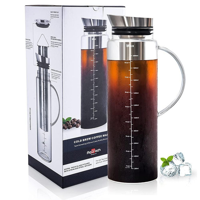 Aquach Cold Brew Coffee Iced Tea Maker & Fruit Pitcher - Large Capacity 68 Ounces - with Durable Glass Carafe / Fine Mesh Steel Infuser / Airtight Lid