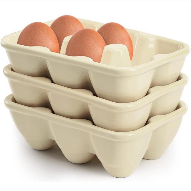 DEAYOU 3-Pack 18 Cups Ceramic Egg Tray, 6-Cup Porcelain Egg Holder Container, Decorative Egg Keeper Storage Organizer, Small Egg Dispenser Serveware for Countertop, Fridge, Serving, Kitchen, Yellow