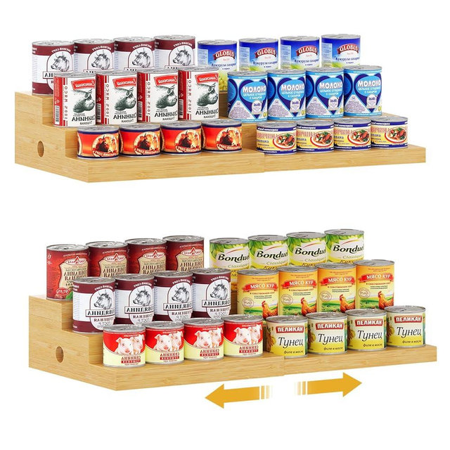 2-Pack Expandable Bamboo Can Rack Organizer for Pantry Display, 3-Tier Adjustable Can Storage Holder, Soda & Canned Food Organizer for Cabinets & Countertops, Holds Up to 48 Cans (Patent Pending)