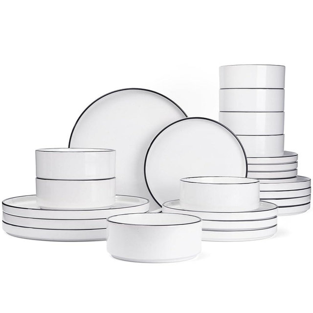 Famiware Nebula Plates and Bowls Set, 24 Pieces Dinnerware Sets, Dishes Set for 8, White with Black Rim