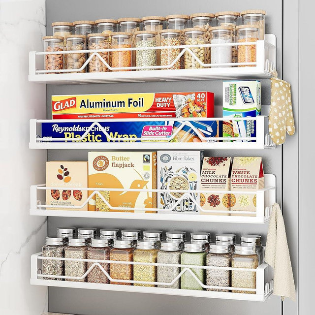 Mystozer 16.9 Inch Wide Large Capacity Magnetic Spice Rack for Refrigerator, 4 Pack Metal Fridge Shelf, White