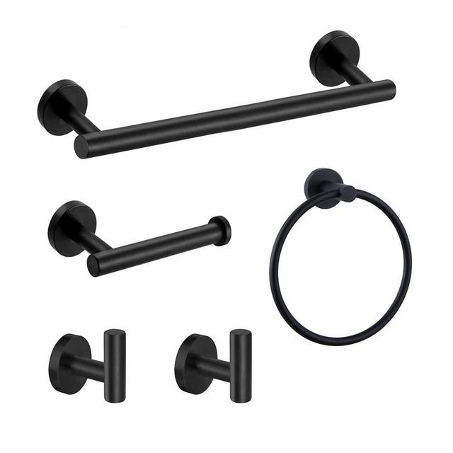 Bathroom Hardware Set, 5 Pieces Matte Black SUS304 Stainless Steel Bathroom Accessories Set, Include 16" Towel Bar, Toilet Towel Paper Holder, 180° Rotated Towel Ring, 2 Robe Towel Hooks Wall Mounted