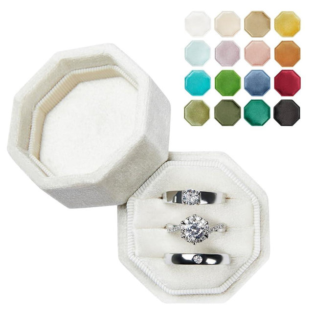 Vacfulliven Velvet Ring Box 3 Slots Valentine's Day Ring Box Octagonal Proposal Ring Case with Detachable Lid Ring Holder (White)