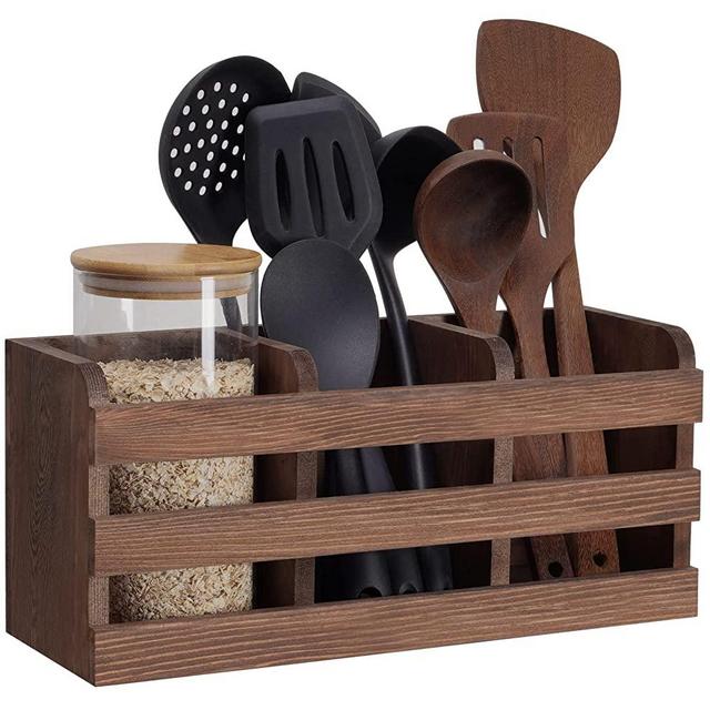 Giikin Farmhouse Wood Utensil Holder for Countertop Wall-Mounted Kitchen Cooking Utensil Holder Organizer with 3 Compartments Wooden Cutlery Holders Spatula Caddy Box Utensil Crock, Brown