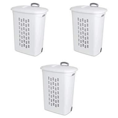 Sterilite 12228003 Ultra Wheeled Hamper, White Lid & Base w/ Titanium Handle & Wheels, 3-Pack