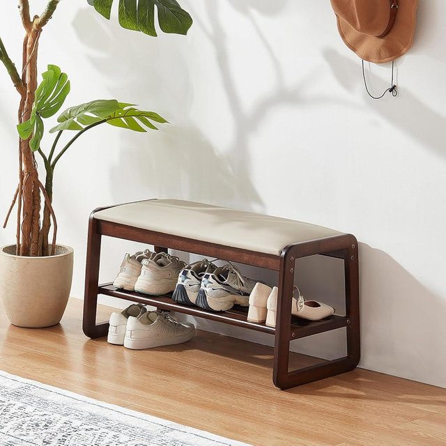 Achicsofar Shoe Rack Entryway Shoe Storage Bench, End of Bed Bench with 2 Tier, 31.5'' Wooden Storage Ottoman Bench with Cushion for Living Room, Bedroom, Hallway (Beige A1)