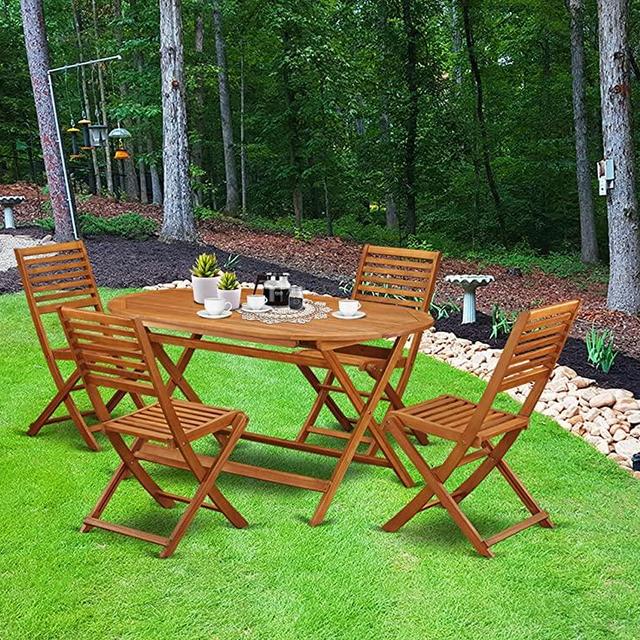 This 5 Piece Acacia Wooden Courtyard Dining Sets offers an outdoor table and 4 chairs