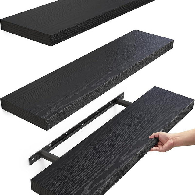 BAYKA Floating Shelves for Wall, 22.5 inches Wall Mounted Rustic Wood Shelves for Bathroom, Bedroom, Living Room, Floating Shelves for Books/Storage/Decor (Black,Set of 3)