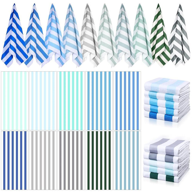 EBOOT 10 Pack Oversized Beach Towel Set Extra Large Pool Towels Microfiber Quick Dry Swim Blanket for Adult Women Men Face Hand Body Bath Travel Pool(Plain Color,28 x 59 Inch,Cabana Stripe)
