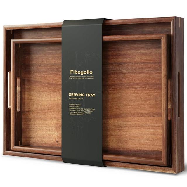 Fibogollo Set of 2 Acacia Wood Serving Tray with Handles,Decorative Trays Platter,Breakfast Tray in Bed,Food Drinks Tray for Eating,Working,Storing(Brown)