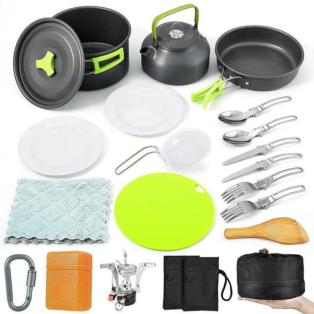 Sportneer Camping Cookware Set with Folding Camping Stove, 18Pcs Camping Cooking Set with Anti-Stick Lightweight Pot Pan Kettle Plates Stainless Steel Knife Fork Cutting Board for Backpacking Hiking