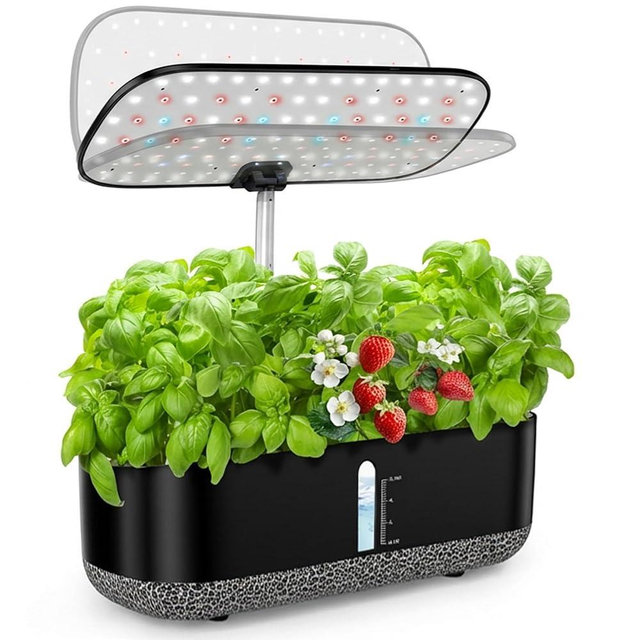 Hydroponics Growing System with LED Grow Light, 14 Pods Indoor Herb Garden Full Spectrum Rotatable Light Panel, Auto On Off Timing 12 14 16Hrs, 5L Water Tank, Harvest Fresh Basil Tomato (Black)