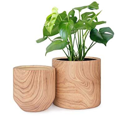 HOMENOTE Plant Pots Indoor 6/4.8 inch Pack 2, Ceramic Planter Flower Pots with Natural Wood Texture