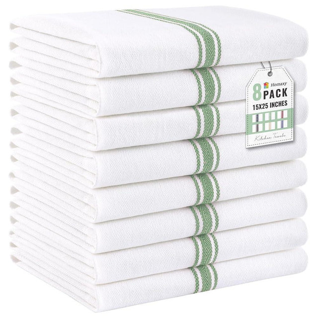 Homaxy Kitchen Towels 8 Pack, 15 x 25 Inch, 100% Ring Spun Cotton Highly Absorbent Dish Towels for Kitchen Drying, Reusable Cleaning Cloths, Soft Tea Towel with Hanging Loop, Grass Green Stripe
