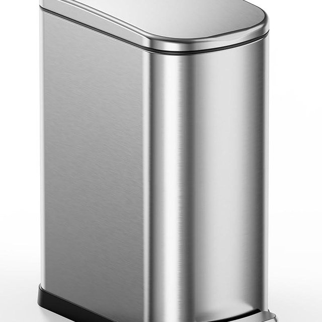 CEROELDA Silver Bathroom Trash Can with Lid-10L/2.6 Gallon Stainless Steel Step Slim Garbage Can-Rectangle Pedal Trash Bin for Narrow Office, Kitchen, Bedroom, Toilet-Soft Close