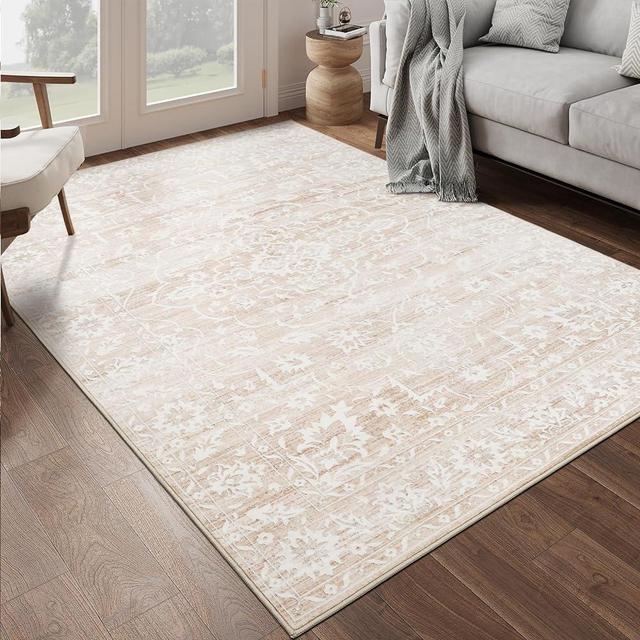 Soalmost 6x9 Area Rugs for Living Room, Stain Resistant Neutral Washable Rugs for Dining Room, Kitchen, Floral Vintage Non-Slip Area Rug(Beige & Cream, 6'x9')