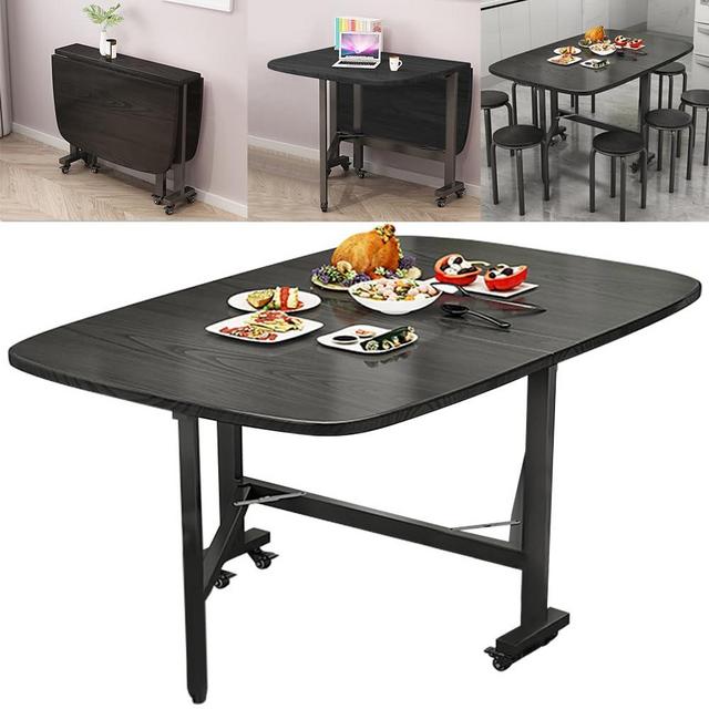 Rukulin Multifunction Table Drop Leaf Dining Table - 47" Solid Wooden Foldable Kitchen Table with 6 Wheels (Black)