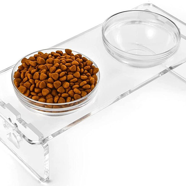 Dog and Cat Bowls Elevated Set - Acrylic Feeder Stand with 2 Set Removable Stainless Steel and Glass Bowls Food and Water Raised Dishes for Medium Dogs,5.5 inches