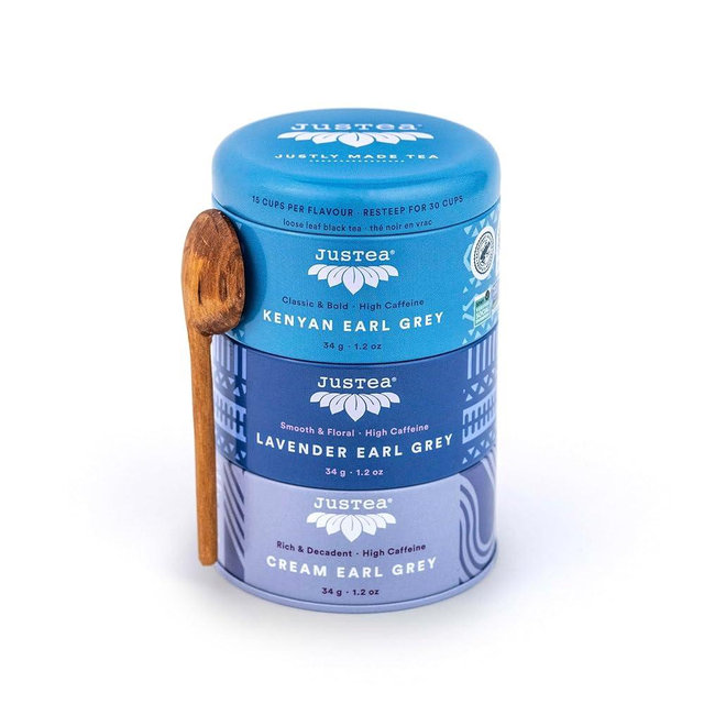 JusTea EARL GREY TEA TRIO | Stacking Tins Variety Pack with Hand Carved Tea Spoon | Loose Leaf Tea | High Caffeine | Award-Winning | Fair Trade | Non-GMO