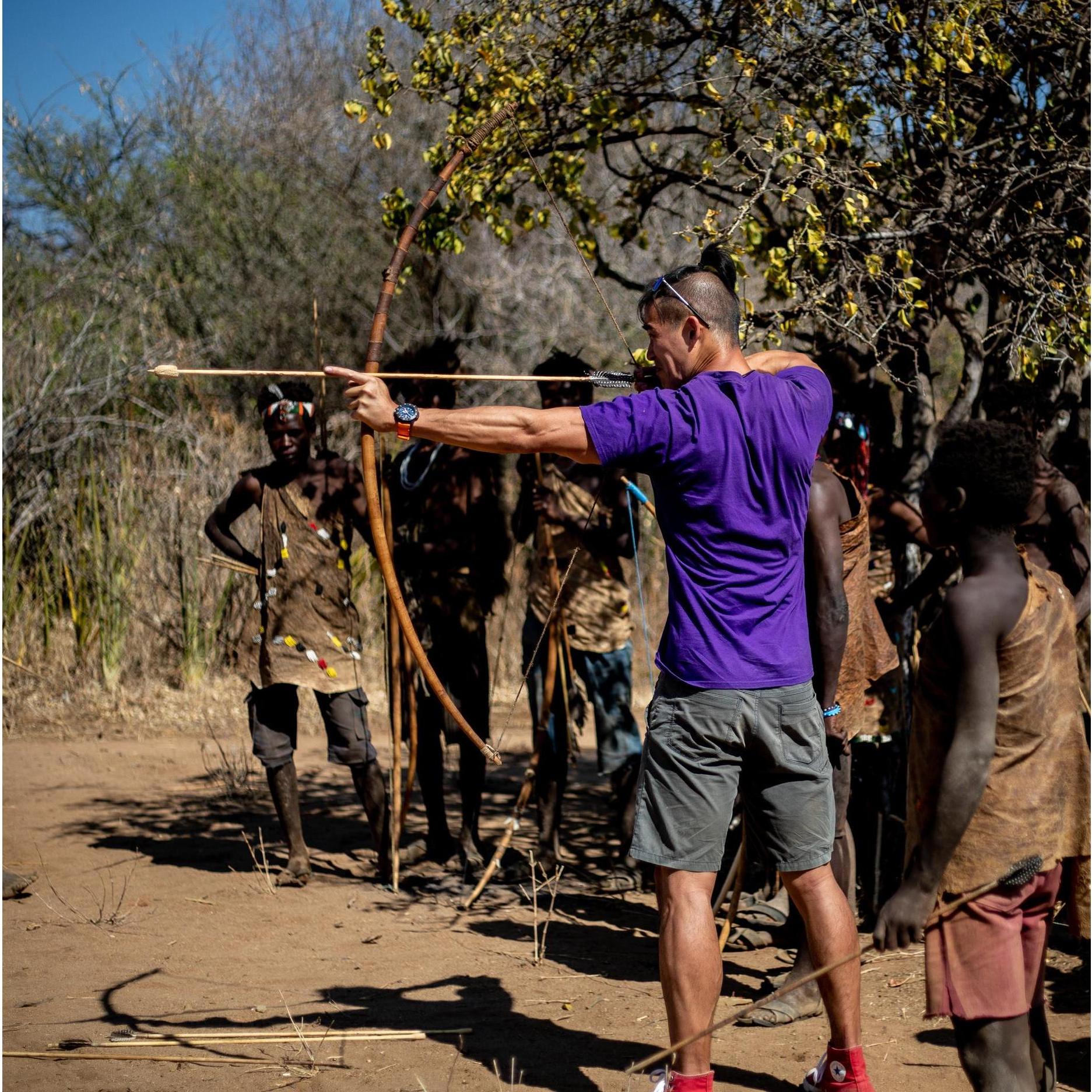 Andrew competing with Hadza hunter-gatherers in Tanzania.