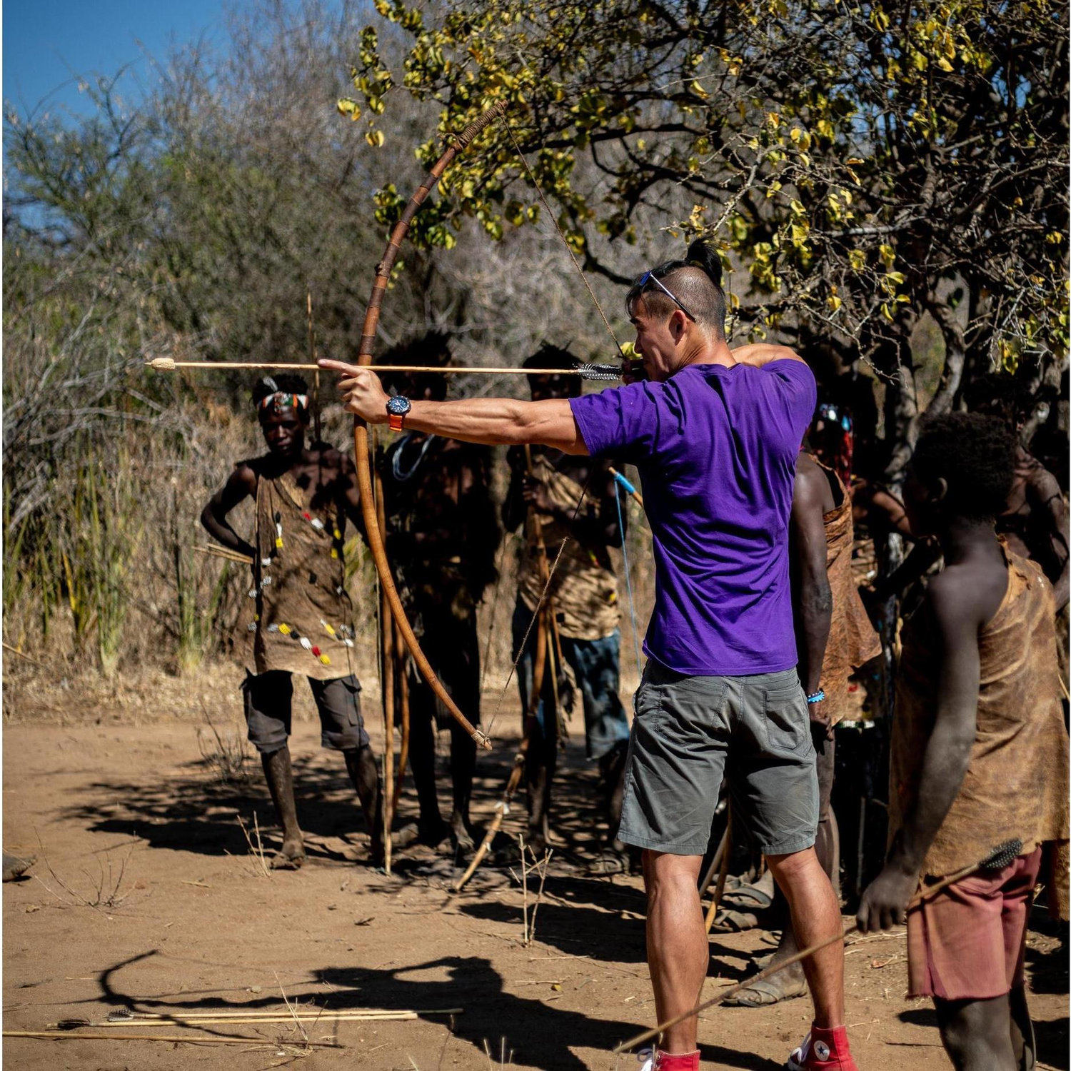 Andrew competing with Hadza hunter-gatherers in Tanzania.