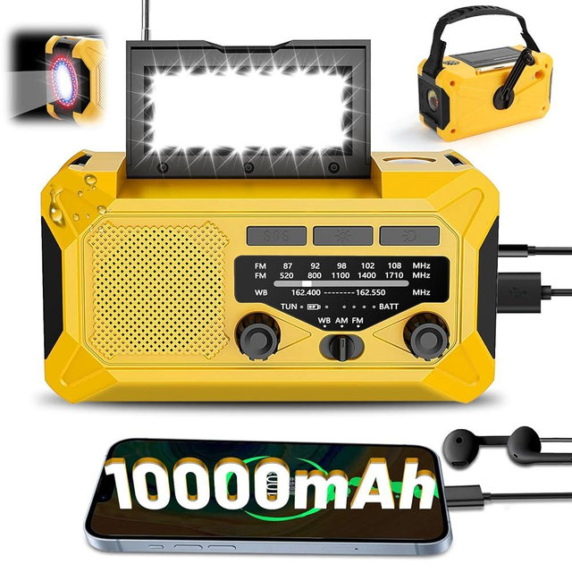 10000mAh Emergency Hand Crank Radio with LED Flashlight, AM/FM NOAA Portable Weather Alert Radio, Solar Powered with Phone Charger, USB Charged, Headphone Jack, SOS Alarm, Compass (Yellow)