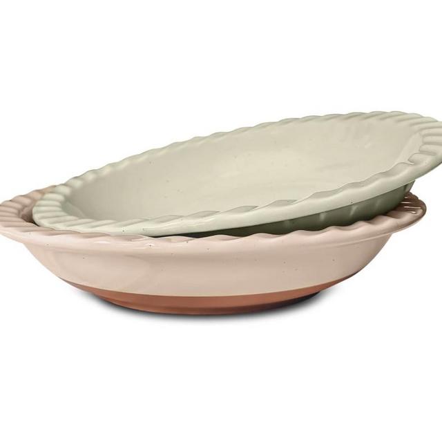 Mora Ceramic Classic 9 Inch Pie Pan Set of 2 - Round Pie Plate for Baking Apple/Pumpkin Pies, Quiche, Rolls, etc. Dishwasher and Oven Safe Dishes, Shallow Pans for Original Recipes - Assorted Neutrals