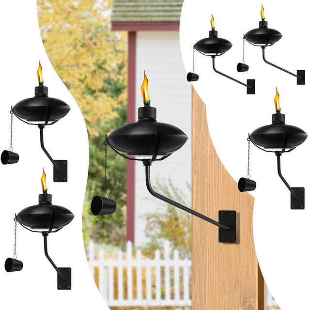 FAN-Torches 6 Pack Wall Mounted Citronella Torches, 18 oz Garden Torches for Outside, Refillable Flame Light Torch, Outdoor Metal Torch for Yard, Patio, Deck, Garden, Party, Landscape