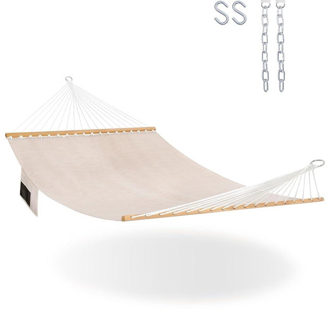 Lazy Daze Hammocks 11 FT Double Outside Hammock Quick Dry Olefin Fabric Hammock with Spreader Bar & Side Pocket for Outdoor Poolside Backyard 450 lbs Capacity, Beige
