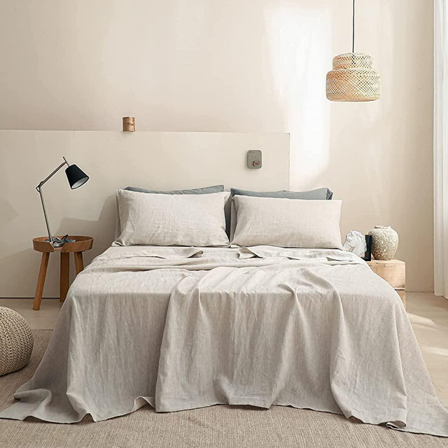 Simple&Opulence 100% Linen Sheet Set Basic Style 4 Pieces (1 Flat Sheet, 1 Fitted Sheet, 2 Pillowcases) Soft Breathable Washed Natural French Flax Linen Bed Sheets (King, Linen)