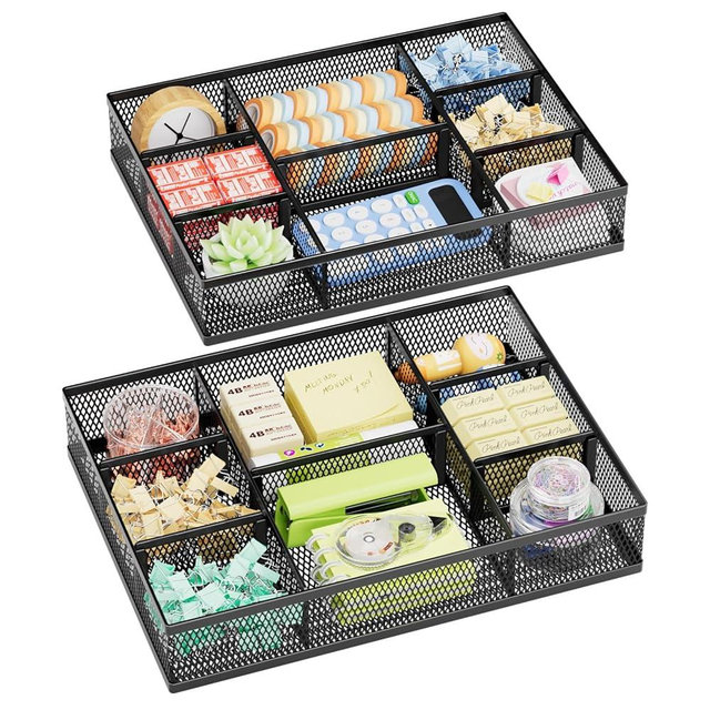 Marbrasse 2 Pack Desk Drawer Organizer, Mesh Drawer Organizer Tray with 8 Adjustable Compartments, Desk Organizers and Accessories, 5 Dividers Drawer for Office Supplies, Makeup & Vanity (Black)