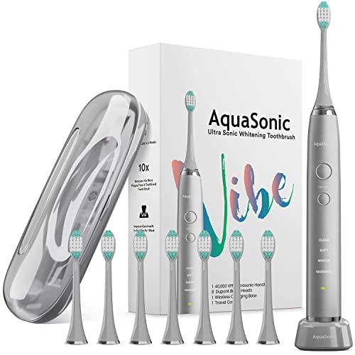 AquaSonic VIBE series Ultra Whitening Electric Toothbrush - 8 DuPont Brush Heads & Travel Case Included - Sonic 40,000 VPM Motor & Wireless Charging - 4 Modes w Smart Timer - Charcoal Metallic