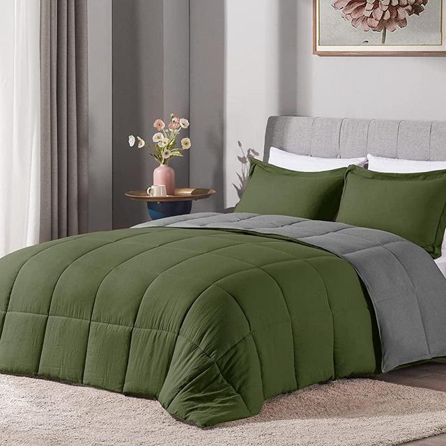 LOVTEX 3PCS King Size Comforter Set - Ultra Soft Washed Microfiber Comforter Sets for King Size Bed - Reversible Down Alternative Comforter with 2 Pillow Shams(Olive/Charcoal)