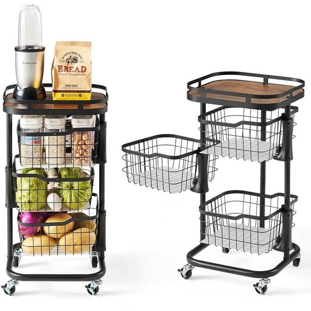 Ocyfym 3 Tier Kitchen Fruit Vegetable Storage Cart with One-Piece Rotating Basket, Pantry Organizer Shelf Rack Floor Stand for Veggie Onion Potato Produce Spice, Rolling Snack Cart on Wheels, Black