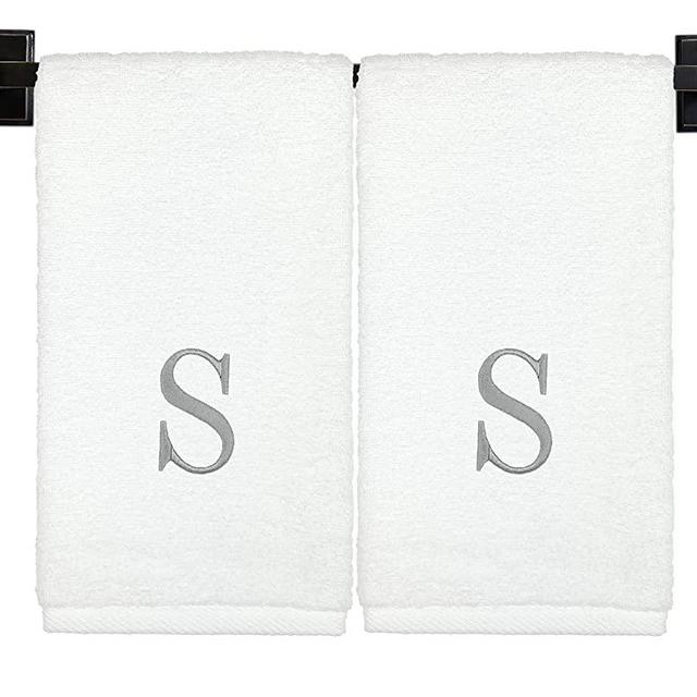 Custom Luxury Towels - Monogrammed Hand Towels, Set of 2, 100% Cotton, Made in USA, Luxury Hotel Quality, Embroidered Silver Thread Monogram