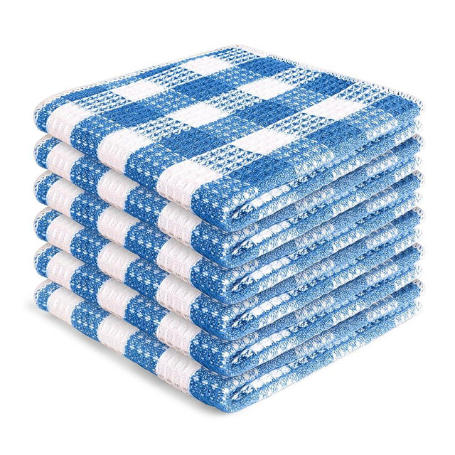 Blue Needles Waffle Weave Check Plaid Dish Cloths, 12x12 Inches 100% Cotton Set of 6 Dish Towels for Kitchen, Ultra Soft & Absorbent Kitchen Towels for Quick Drying Spring Summer - Sky Blue & White