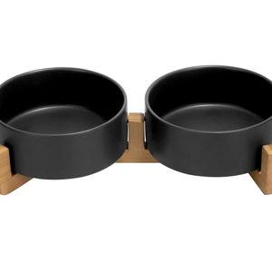SPUNKYJUNKY Ceramic Dog and Cat Bowl Set with Wooden Stand, Modern Cute Weighted Food Water Set for Small Size Dogs (13.5OZ) & Medium Sized Dogs (28.7OZ) & Cats (1.7 Cups, 2 × Black)