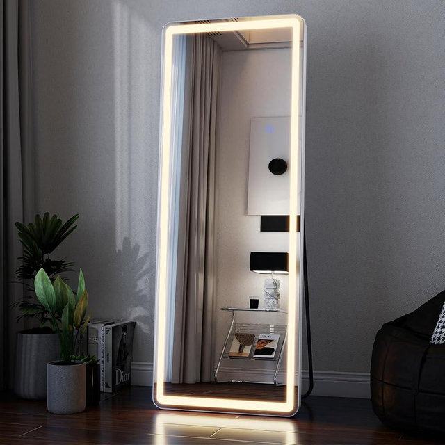 VooBang 63"x20" LED Mirror Full Length, Arched Floor Body Mirror with Dimmable Lights - 3 Color Modes, Standing Leaning Wall Mounted for Bedroom, Dressing Room
