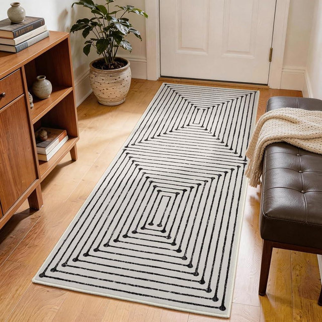 YIHOUSE 2x6 Kitchen Runner Rug Non Slip Washable, Black and White Rug Runners for Entryway Hallway Non Skid, Modern Geometric Carpet Runner for Bathroom Bedroom Laundry Room