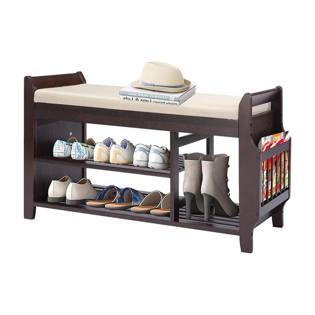 FURFIMU Shoe Bench Entryway with Storage, Bench with Storage Basket,Bamboo Bench Removable White Cushion,2-Tier Entryway Shoe Storages with Umbrella Stand,Living Room or Hallway