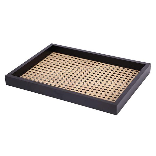 Rectangle Wood Tray with Mesh, Black Decorative Tray Ideal for Food Storage, Basket Serving Tray with Black Wooden Frame for Storage Coffee, Breakfast, Food, Snack, Drink, 14'' x 5.3'' x 1.8''