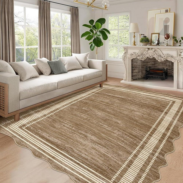 GarveeHome Washable Scalloped Rug 10x13 Area Rugs, Modern Neutral Living Room Rugs,Large Washable Solid Farmhouse Carpet Abstract Bordered Carpet for Bedroom Apartment Table Dorm Nursery,Brown