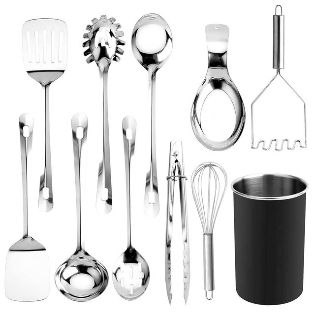COOK WITH COLOR Stainless Steel Kitchen Utensil Set - 10-piece premium Nonstick & Heat Resistant Kitchen Gadgets, Turner, Spaghetti Server, Ladle, Serving Spoons, Whisk, Tongs, Masher & Utensil Holder