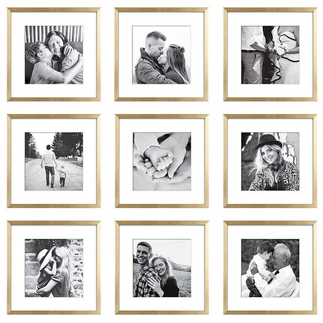 ArtbyHannah 9 Pack 12x12 Inch Modern Gold Picture Frame Collage Set for Wall Art Decor- Made to Display Photo 12x12 Without mat or and 8x8 with Mat for Gallery Wall Kit or Home Decoration