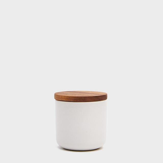 Stoneware Container With Acacia Lid, White, Small