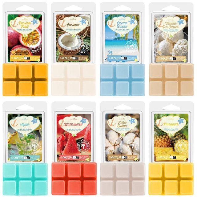 SNOWSEN Summer Wax Melts Gift Set, Long Lasting Soy Scented Wax Cubes for Wax Warmers, Coconut, Pineapple, Watermelon, Mojito, Passion Fruit, Vanilla Ice Cream, Ocean Breeze, Fresh Cotton, 8x2.6 oz